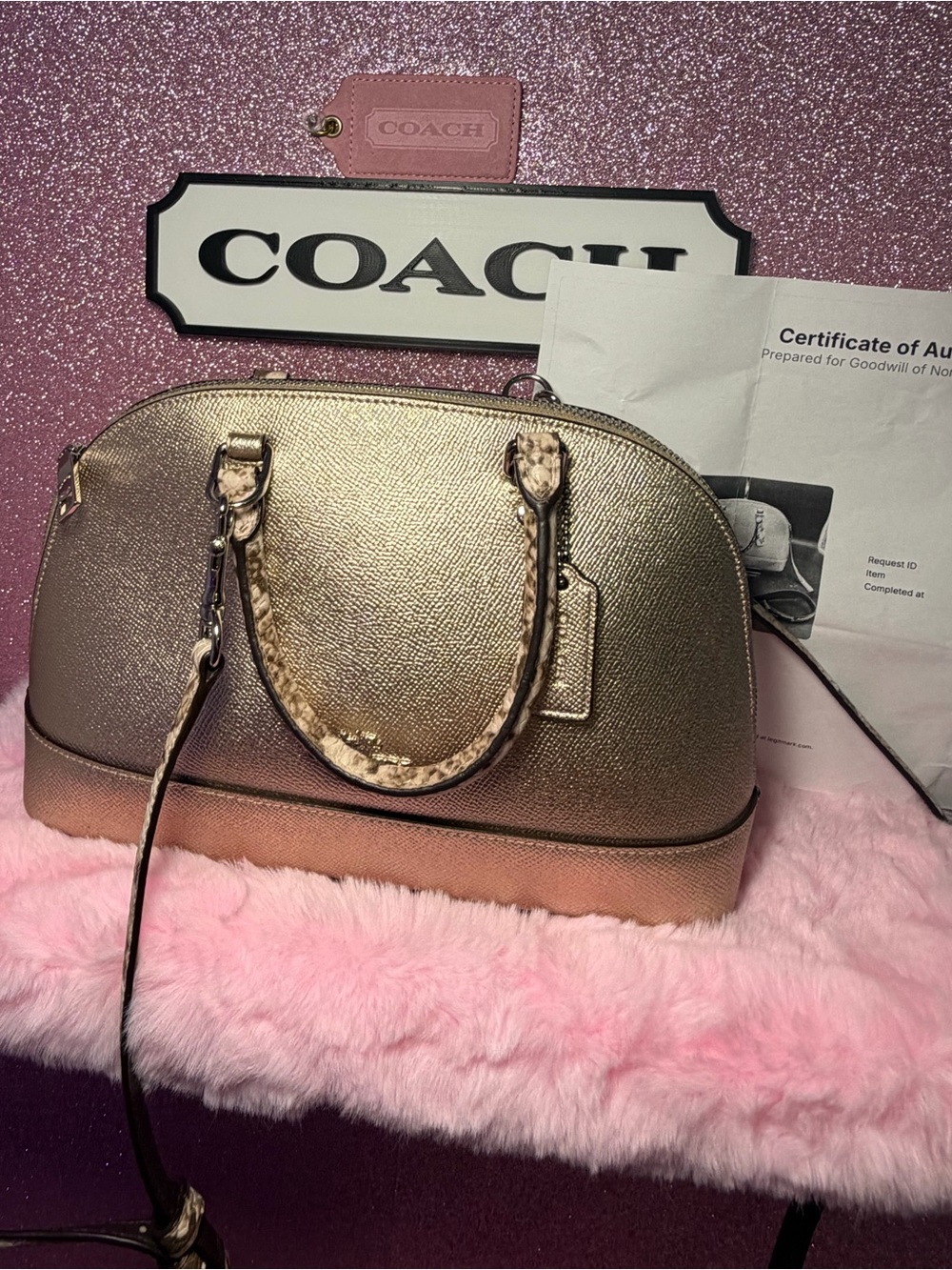 Coach Mini Sierra Dome Satchel - Metallic Champagne Gold + Snakeskin w/COA